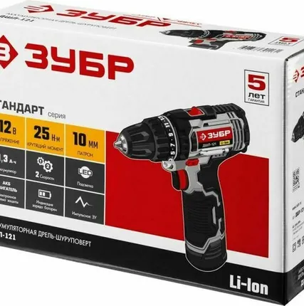 Фото №0 ЗУБР ДШЛ-121 12 В дрель-шуруповерт в коробке,1*1.3 Ач, 25 Нм