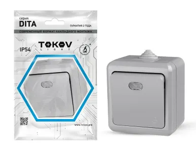 фото Выключатель 1-кл. ОП Dita IP54 10А 250В с индикацией сер. TOKOV ELECTRIC TKL-DT-V1I-C06-IP54