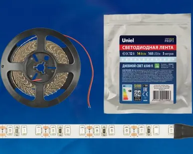 фото Светодиодная лента ULS-M14-2835-168LED/m-10mm-IP20-DC12V-14W/m-5M-6500K PROFI Гибкая светодиодная лента на самоклеящейся основе. Катушка 5м. в герметичной упаковке. Дневной свет (6500K). ТМ Uniel.