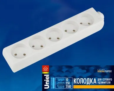 фото Колодка для удлинителя U-RST5-10 WHITE Колодка для удлинителя Uniel. 5 гнезд, б/з, 10А, 2200Вт. Белый. ТМ Uniel