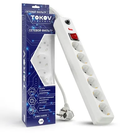 Фото №0 Удлинитель с сетевым фильтром 6х1.8м с заземл. с выкл. 16А с защ. от скачков напр. и перегрузок 3х1 бел. TOKOV ELECTRIC TKE-C01-SF6-1.8-ZV
