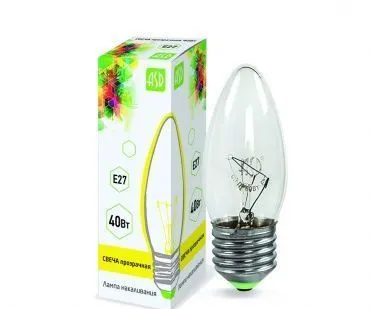 фото Лампа накаливания Е27, 40W, B35 свеча CL прозрачнаяASD