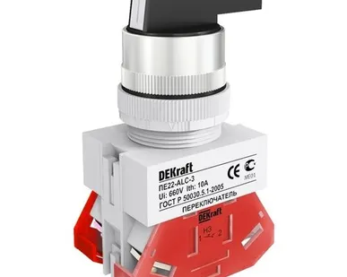 фото Переключатель 3 положения правое и левое б/фиксации I-O-II удлиненная ручка 2НО DEKraft черный (25147DEK)