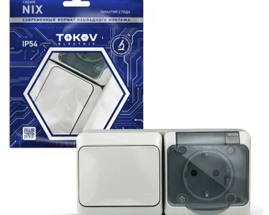 фото Блок ОП Nix (розетка 16А 250В с заземл. + 1-кл. выкл. 10А) IP54 сер. TOKOV ELECTRIC TKE-NX-V1RZ-C06T-IP54