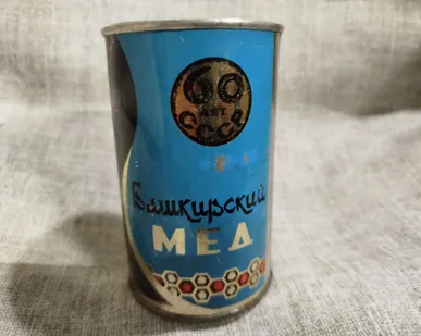 фото Банка жестяная . Башкирский мед. СССР. 74 год