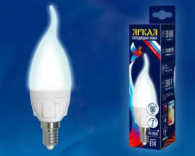 фото Лампа LED-CW37 7W/NW/E14/FR PLP01WH Лампа светодиодная. Форма «свеча на ветру», матовая. Серия ЯРКАЯ. Белый свет (4000K). Картон. ТМ Uniel