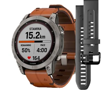 фото Часы Garmin Fenix 7 Sapphire Solar титановый серый с коричневым кожаным ремешком