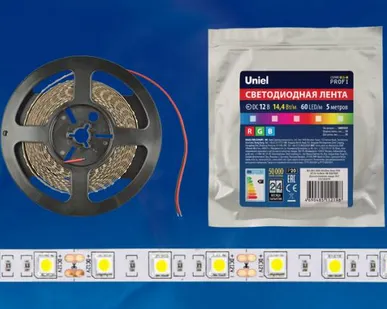 фото Светодиодная лента ULS-M25-5050-60LED/m-10mm-IP20-DC12V-14,4W/m-5M-RGB PROFI Гибкая светодиодная лента на самоклеящейся основе. Катушка 5м. в герметичной упаковке. RGB. ТМ Uniel.
