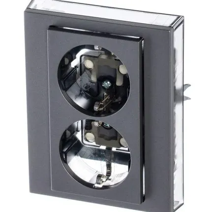 Фото №1 Розетка 2-м СП Levit 16А IP40 с заземл. защ. шторки сталь/дым. черн. ABB 2CHH223457C6069