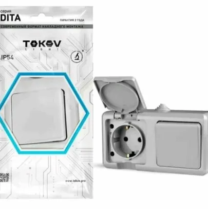 Фото №0 Блок ОП розетка 16А 250В с заземл.+1-кл. выкл. 10А IP54 сер. TOKOV