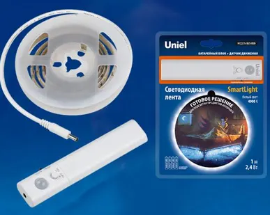 фото Комплект светодиодной ленты Светодиодная лента ULS-R20-2,4W/4000K/1,0M/4AAA С датчиком движения Smart Light Комплект светодиодной ленты на самоклеящейся основе, 1м, IP65. Белый свет(4000К). Батарейки 4ААА, не в/к. ТМ Uniel.