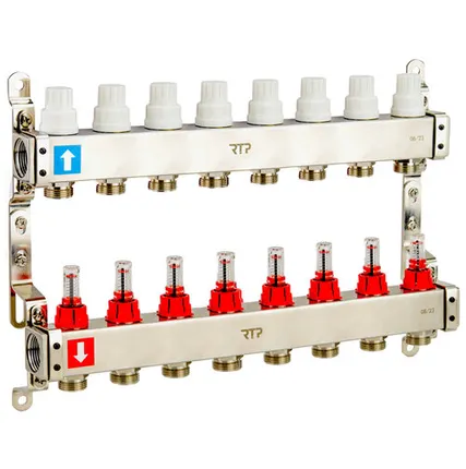 Фото №0 Коллекторная группа с расходомером и кронштейном (евроконус 3/4") нержавеющая сталь SUS 304 1"х 8 выходов, RTP
