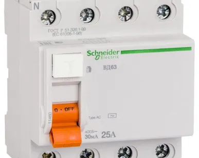 фото Выключатель дифференциального тока (УЗО) 4п 25А 30мА тип AC ВД63 Домовой SchE 11460