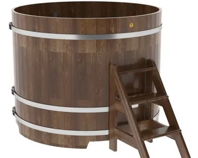 фото Купель для бани из сращенной лиственницы круглая D = 1,5 м (мореная, Н = 1,2 м)