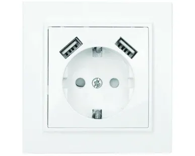 фото Розетка 1-м СП Минск 16А IP20 с заземл. защ. шторки с 2-мя заряд. устройствами USB 2.1А бел. EKF ERR16-028-100-2USB