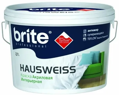 фото Краска BRITE Mattlatex интерьерная белая моющаяся матовая база A, ведро 9 л