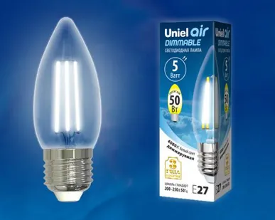 фото Лампа LED-C35-5W/NW/E27/CL/DIM GLA01TR Лампа светодиодная диммируемая. Форма "свеча", прозрачная. Серия Air. Белый свет (4000K). Картон. ТМ Uniel