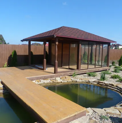 Фото №0 Прямоугольная застекленная беседка Садовый Оазис 4х9 метра с террасой.