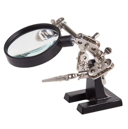 Фото №0 Держатель Третья рука, 2 зажима, лупа 60мм (2.5х), основание чугун REXANT