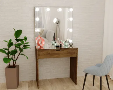 фото Гримерный столик тёмное дерево с безрамочным зеркалом