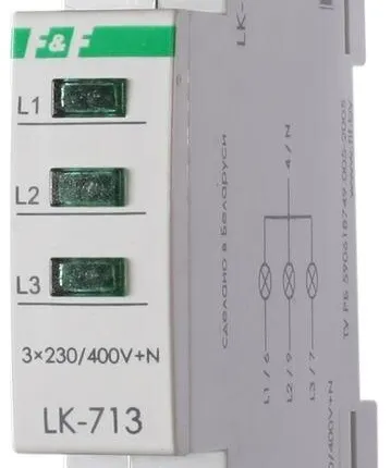 Фото №0 Указатель напряжения LK-713 3 зел. светодиода (сигнализация наличия 3ф 35мм 3х400/230+N IP20 монтаж на DIN-рейке) F&F EA04.007.002
