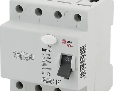 фото Выключатель дифференциального тока (УЗО) 3P+N 40А 30мА ВД1-63 Pro NO-902-39 ЭРА Б0031884