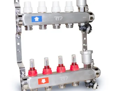 фото Коллекторная группа с регулирующими клапанами, расходомерами, воздухоотводчиками, обратными и дренажными клапанами, кронштейном (евроконус 3/4") нержавеющая сталь SUS 304 1"х 4 выхода, RTP