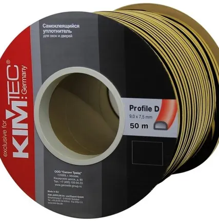 Фото №0 Уплотнитель KimTec Лента уплотнительная дверная D-профиль двойная KimTec 9 х 7,5 мм 04-14-41 5020 черный в бухте 50 м двойного