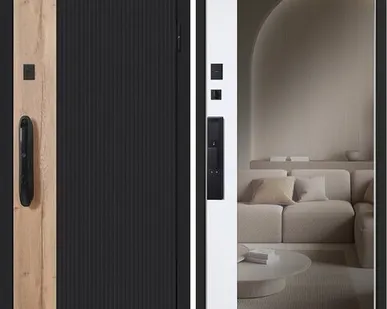 фото Входная дверь Конструктор SM дуб Галиф черная-зеркало белая АСД с биометрическим замком