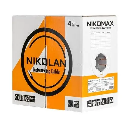 Фото №1 Кабель U/UTP 4 пары кат.5e (класс D) тест по ISO/IEC 100МГц ож BC (уп.305м) NIKOLAN NKL 4100C-BK