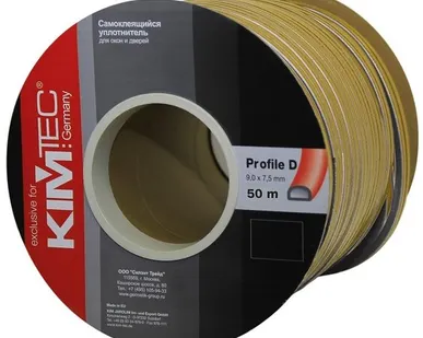 фото Уплотнитель KimTec Лента уплотнительная дверная D-профиль двойная KimTec 9 х 7,5 мм 04-14-03 5018 белый в бухте 50 м двойного