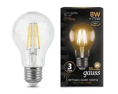 фото Светодиодная филаментная лампа Gauss A60 8W 740Lm 2700K E27 102802108