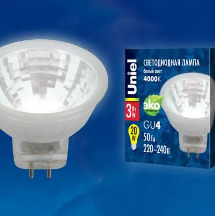 Фото №0 Лампа LED-MR11-3W/NW/GU4/220V GLZ21TR Лампа светодиодная, 220V. Прозрачная. Белый свет (4000K). Картон. ТМ Uniel.