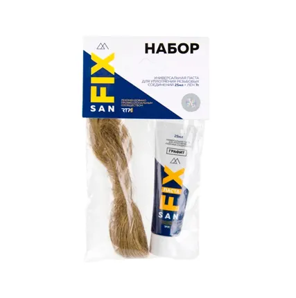 Фото №0 Набор монтажный: универсальная паста для уплотнения резьбовых соединений + лен (25 мл. + 7 гр.), в тубе, графит, SANFIX
