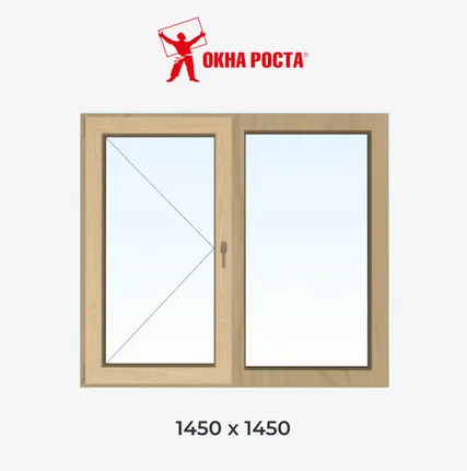 Фото №0 Двухстворчатое деревянное окно из лиственницы, 1450х1450 мм, поворотное/глухое