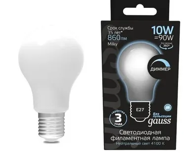фото Светодиодная филаментная лампа Gauss A60 10W 860Lm 4100K E27 102202210-D