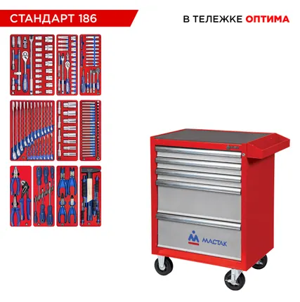 Фото №32 Набор инструментов 186 предметов, quot;СТАНДАРТ 186 quot;, в красной тележке МАСТАК 52-05186R