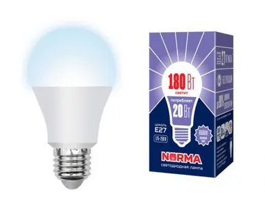 фото Лампа LED-A65-20W/DW/E27/FR/NR Лампа светодиодная. Форма "A", матовая. Серия Norma. Дневной белый свет (6500K). Картон. ТМ Volpe