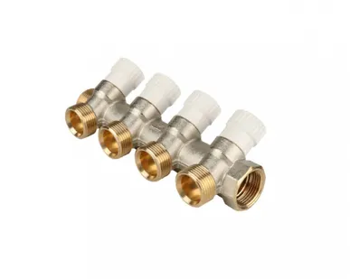 фото Коллектор распределительный 3/4" н.р. - в.р. с 4 отводами 45° - 3/4"ЕК (евроконус) STOUT