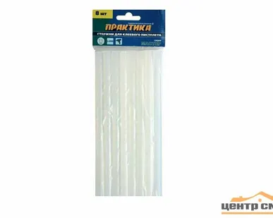 фото Стержни для клеевого пистолета 11х200 мм, 8шт, ПРАКТИКА белый, прозрачный
