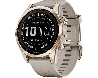 фото Часы Garmin Fenix 7S Sapphire Solar титановый кремово-золотой с светло-песочным силиконовым ремешком