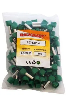 Фото №4 Наконечник штыревой втулочный изолир. (НШВИ F-14мм) 2х6кв.мм (TE-6014) зел. REXANT 08-2811