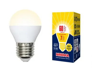 фото Лампа LED-G45-7W/WW/E27/FR/NR Лампа светодиодная. Форма "шар", матовая. Серия Norma. Теплый белый свет (3000K). Картон. ТМ Volpe
