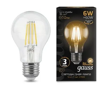 фото Светодиодная филаментная лампа Gauss A60 6W 600Lm 2700K E27 102802106