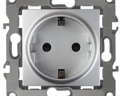 фото Механизм розетки 1-м СП Эра12 12-2102-03 16А IP20 16AX 250В 2P+E Schuko защ. шторки алюм. Эра Б0014689