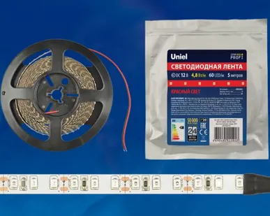 фото Светодиодная лента ULS-M11-2835-60LED/m-8mm-IP20-DC12V-4,8W/m-5M-RED PROFI Гибкая светодиодная лента на самоклеящейся основе. Катушка 5м. в герметичной упаковке. Красный свет. ТМ Uniel.
