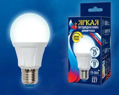 фото Лампа LED-A60 10W/4000K/E27/FR/DIM PLP01WH Лампа светодиодная, диммируемая. Форма «А», матовая. Серия Яркая. Белый свет (4000К). Картон. ТМ Uniel.