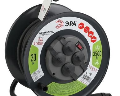 фото Удлинитель силовой RMx-4es-3x2.5-20m-IP44(KG) на метал. катушке с/з 4гнезда 20м КГ 3х2.5 Эра Б0043057