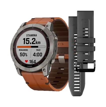Фото №0 Часы Garmin Fenix 7X Sapphire Solar титановый черный с коричневым кожаным ремешком