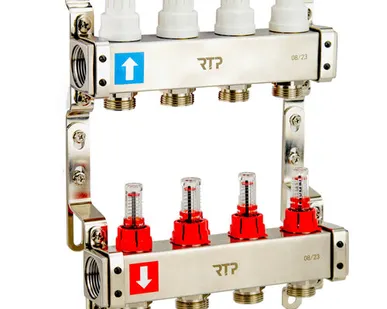 фото Коллекторная группа с расходомером и кронштейном (евроконус 3/4") нержавеющая сталь SUS 304 1"х 4 выхода, RTP